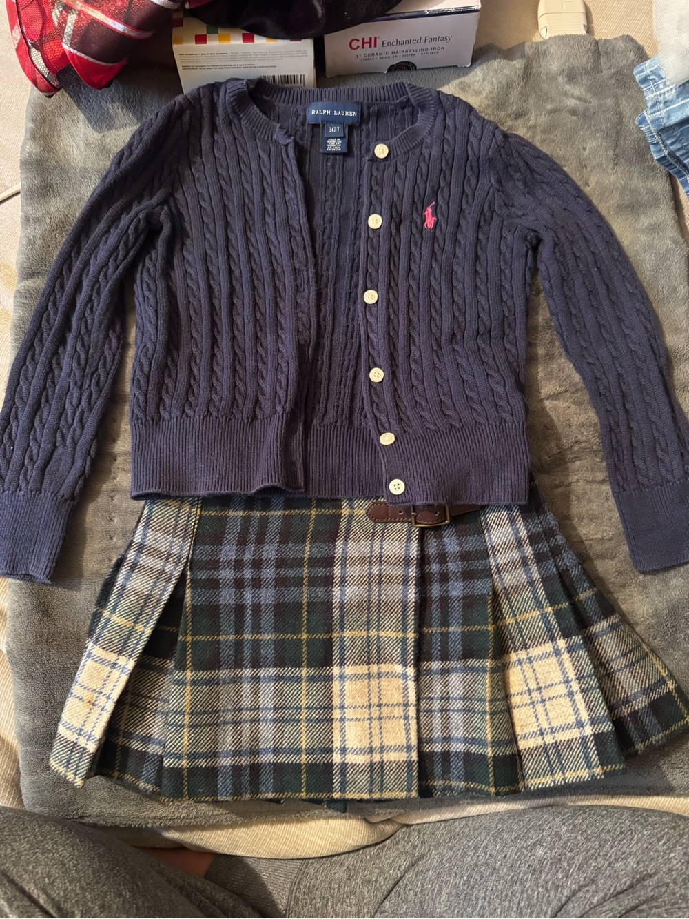 Ralph Lauren Navy Cable Knit Cardigan w/ wool kilt both 3T like new Westport CT